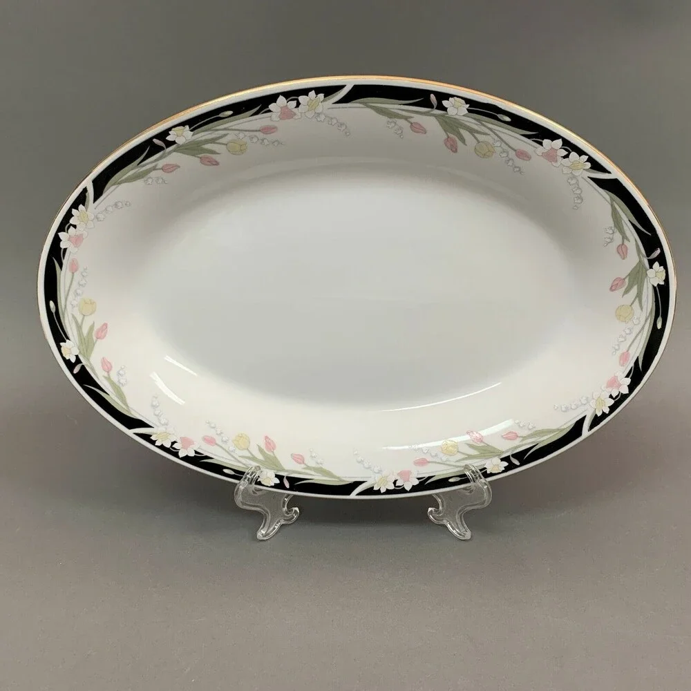 Crown Ming Michelle Oval Platter Plate Gold Trim Multicolor Floral Black‎ Band